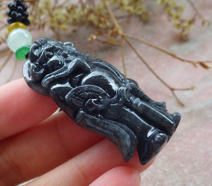 Certified Black Burma 100% Natural A Jade jadeite pendant Zhong Kui God Sword Fan Necklace 钟馗 631116 TN