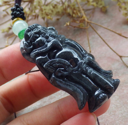 Certified Black Burma 100% Natural A Jade jadeite pendant Zhong Kui God Sword Fan Necklace 钟馗 631116 TN
