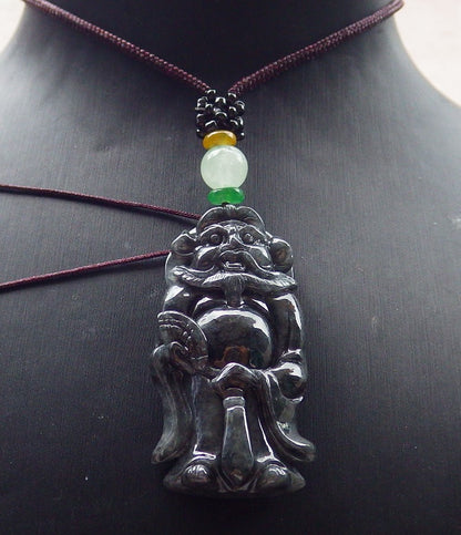 Certified Black Burma 100% Natural A Jade jadeite pendant Zhong Kui God Sword Fan Necklace 钟馗 631116 TN