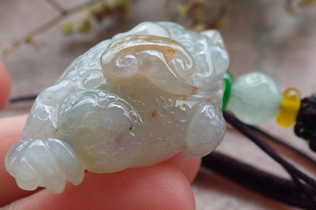 Certified Red Green Lavender Burma 100% Natural A Jade jadeite Pendant Frog Toad Coin Ruyi Necklace 招财蟾 631132 TN