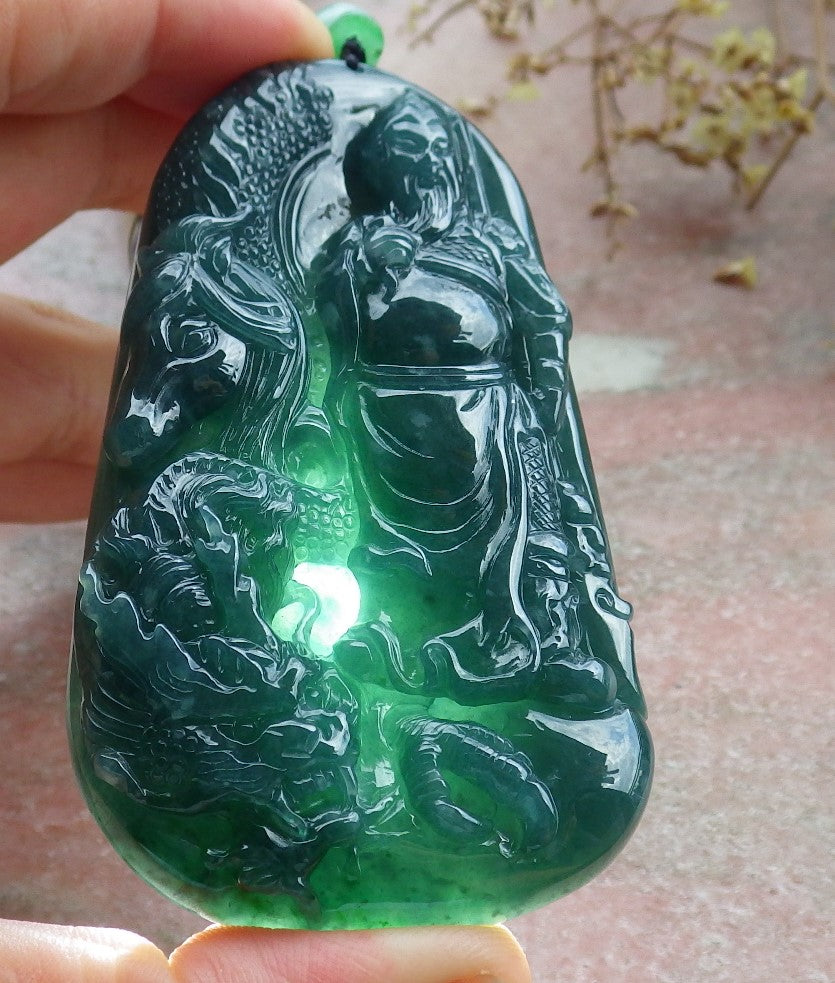 Atestita Glacia Verda Birmo 100% Natura A Jadejadeita pendanta Guan Gong Dio Drako-Ĉevalo-Koliero 关公 631199 TN