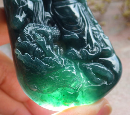 Atestita Glacia Verda Birmo 100% Natura A Jadejadeita pendanta Guan Gong Dio Drako-Ĉevalo-Koliero 关公 631199 TN