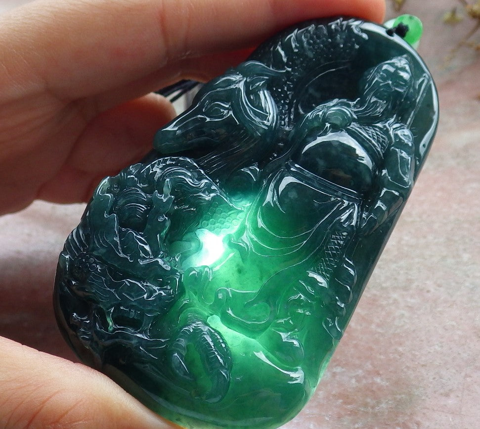 Atestita Glacia Verda Birmo 100% Natura A Jadejadeita pendanta Guan Gong Dio Drako-Ĉevalo-Koliero 关公 631199 TN