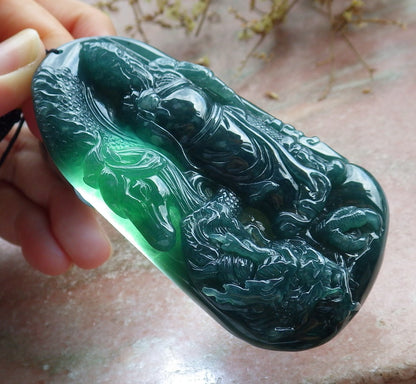 Atestita Glacia Verda Birmo 100% Natura A Jadejadeita pendanta Guan Gong Dio Drako-Ĉevalo-Koliero 关公 631199 TN