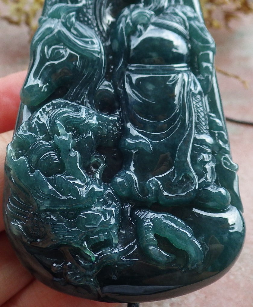Atestita Glacia Verda Birmo 100% Natura A Jadejadeita pendanta Guan Gong Dio Drako-Ĉevalo-Koliero 关公 631199 TN