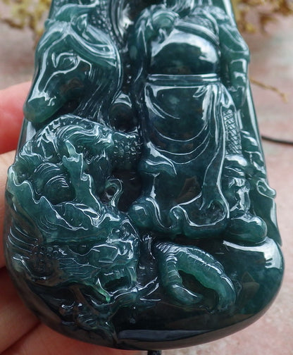 Atestita Glacia Verda Birmo 100% Natura A Jadejadeita pendanta Guan Gong Dio Drako-Ĉevalo-Koliero 关公 631199 TN
