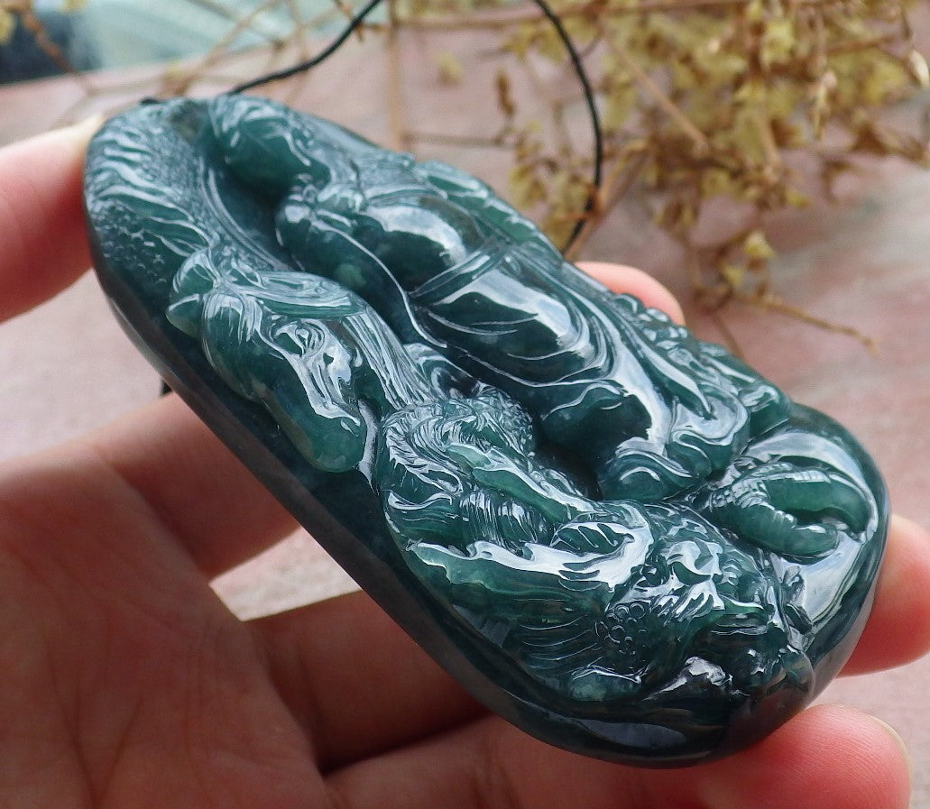 Atestita Glacia Verda Birmo 100% Natura A Jadejadeita pendanta Guan Gong Dio Drako-Ĉevalo-Koliero 关公 631199 TN