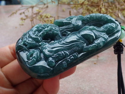 Atestita Glacia Verda Birmo 100% Natura A Jadejadeita pendanta Guan Gong Dio Drako-Ĉevalo-Koliero 关公 631199 TN