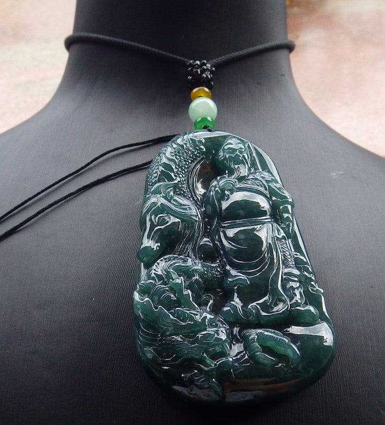 Atestita Glacia Verda Birmo 100% Natura A Jadejadeita pendanta Guan Gong Dio Drako-Ĉevalo-Koliero 关公 631199 TN