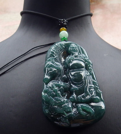 Atestita Glacia Verda Birmo 100% Natura A Jadejadeita pendanta Guan Gong Dio Drako-Ĉevalo-Koliero 关公 631199 TN