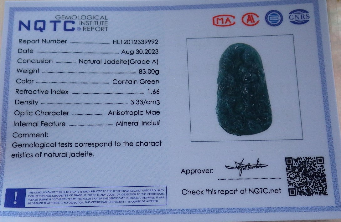 Atestita Glacia Verda Birmo 100% Natura A Jadejadeita pendanta Guan Gong Dio Drako-Ĉevalo-Koliero 关公 631199 TN