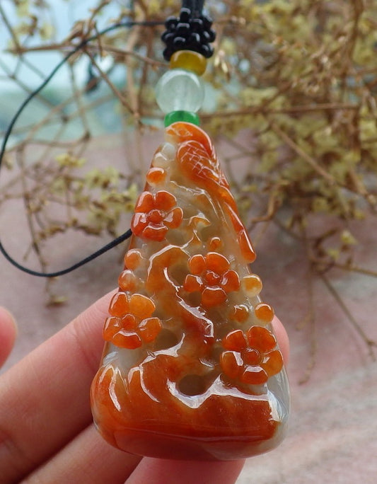 Certified Red Burma 100% Natural A Jade jadeite Pendant Phoenix Bird Flower Necklace 鸟语花香 631209 TN