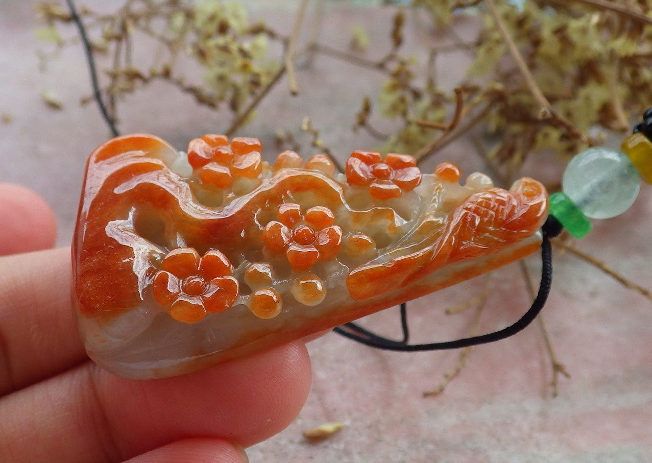 Certified Red Burma 100% Natural A Jade jadeite Pendant Phoenix Bird Flower Necklace 鸟语花香 631209 TN