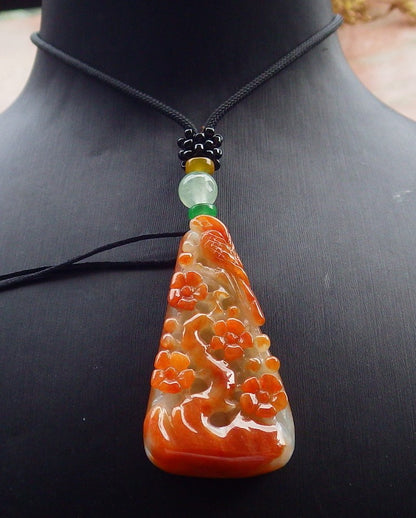 Certified Red Burma 100% Natural A Jade jadeite Pendant Phoenix Bird Flower Necklace 鸟语花香 631209 TN