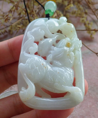 Certified Yellow Burma 100% Natural A Jade jadeite Pendant Dragon Kai Lun Ruyi Necklace 生意兴隆 631234 TN