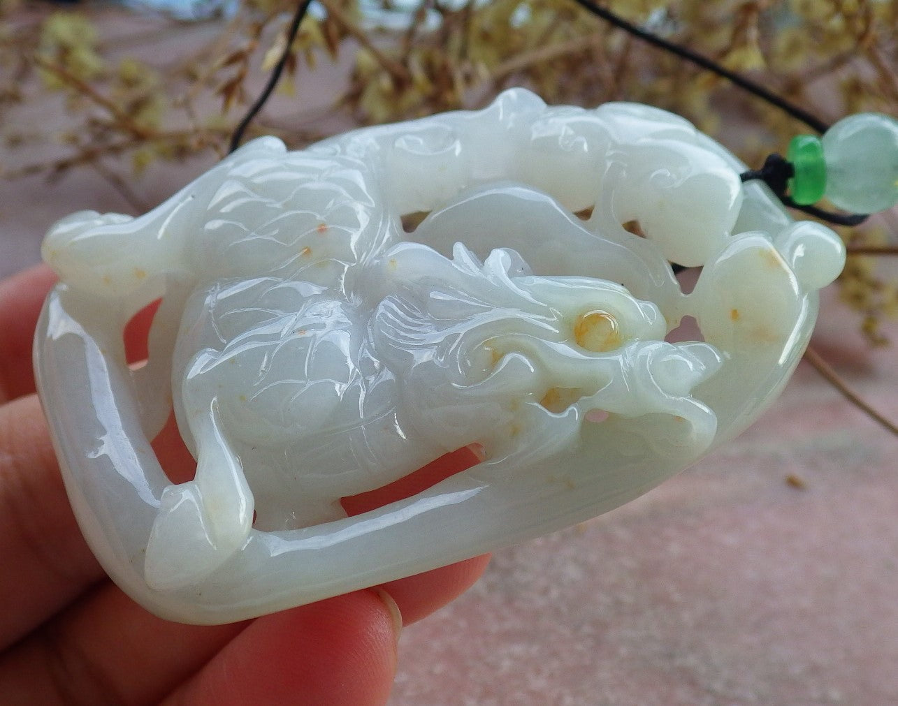 Certified Yellow Burma 100% Natural A Jade jadeite Pendant Dragon Kai Lun Ruyi Necklace 生意兴隆 631234 TN
