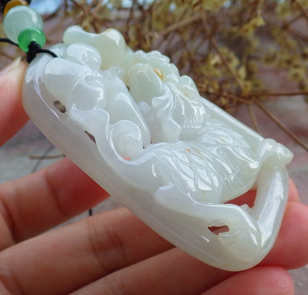 Certified Yellow Burma 100% Natural A Jade jadeite Pendant Dragon Kai Lun Ruyi Necklace 生意兴隆 631234 TN