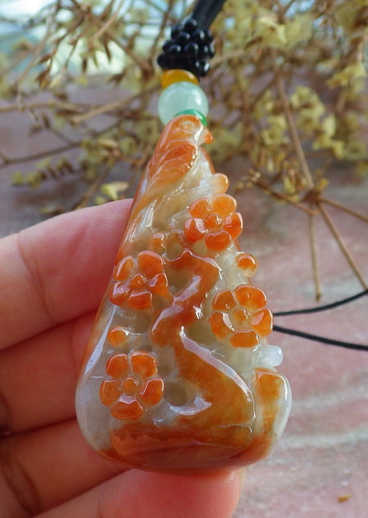 Certified Red Burma 100% Natural A Jade jadeite Pendant Phoenix Bird Flower Necklace 鸟语花香 631282 TN