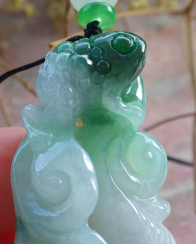 Certified Green Burma 100% Natural A Jade jadeite Pendant Frog Toad Ruyi Necklace 招财蟾 631299 TN