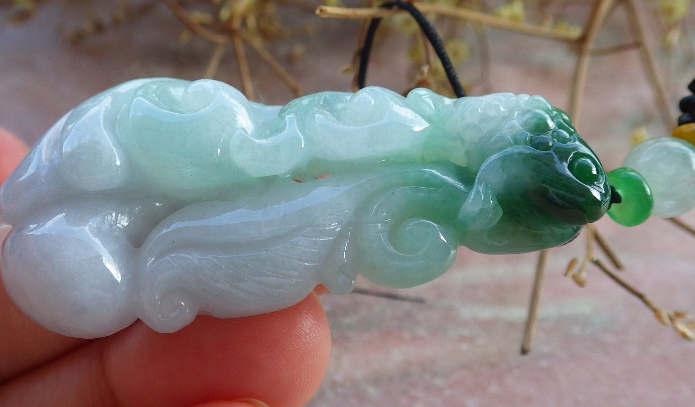 Certified Green Burma 100% Natural A Jade jadeite Pendant Frog Toad Ruyi Necklace 招财蟾 631299 TN