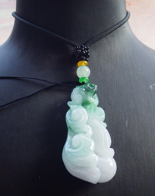 Certified Green Burma 100% Natural A Jade jadeite Pendant Frog Toad Ruyi Necklace 招财蟾 631299 TN