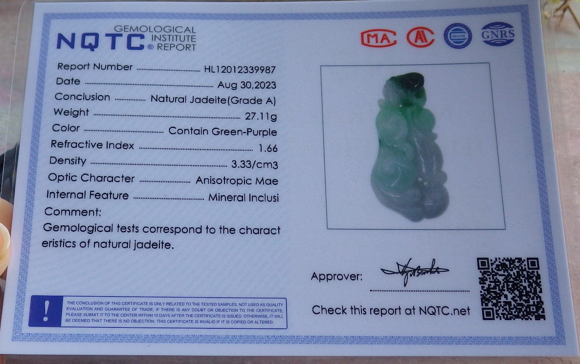 Certified Green Burma 100% Natural A Jade jadeite Pendant Frog Toad Ruyi Necklace 招财蟾 631299 TN