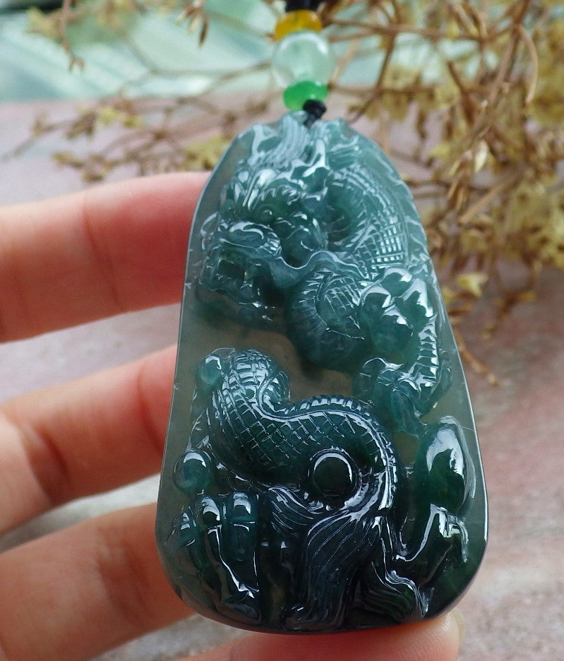 Atestita Glacia Blua Akvo Verda Birmo 100% Natura A Jadejadeita Pendanta Drako-Perlo-Koliero 生意兴隆 631384 TN