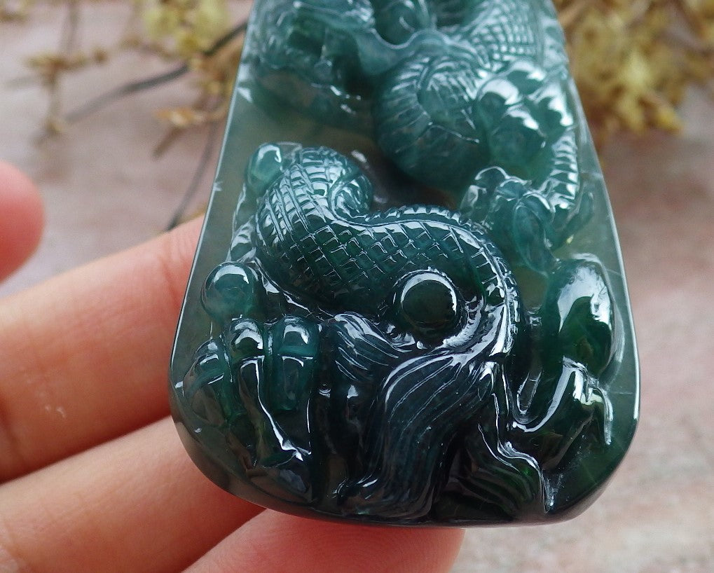 Atestita Glacia Blua Akvo Verda Birmo 100% Natura A Jadejadeita Pendanta Drako-Perlo-Koliero 生意兴隆 631384 TN