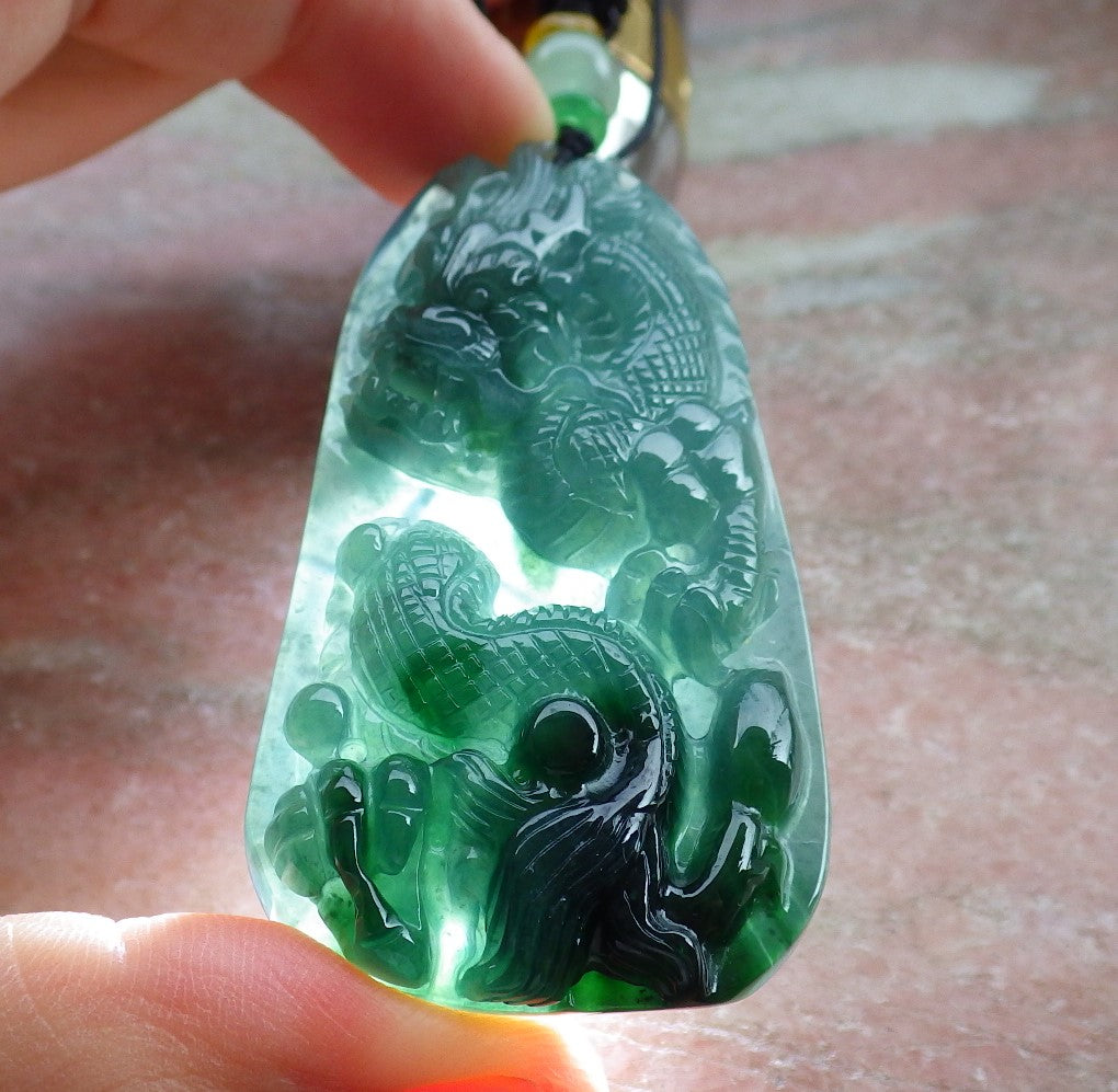 Atestita Glacia Blua Akvo Verda Birmo 100% Natura A Jadejadeita Pendanta Drako-Perlo-Koliero 生意兴隆 631384 TN