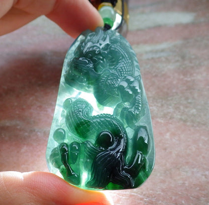 Atestita Glacia Blua Akvo Verda Birmo 100% Natura A Jadejadeita Pendanta Drako-Perlo-Koliero 生意兴隆 631384 TN