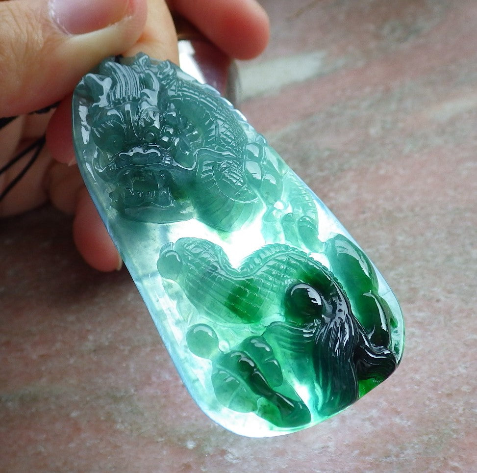 Atestita Glacia Blua Akvo Verda Birmo 100% Natura A Jadejadeita Pendanta Drako-Perlo-Koliero 生意兴隆 631384 TN