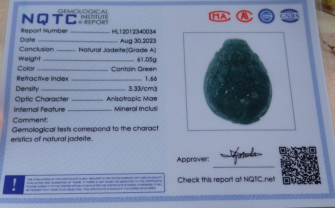 Atestita Glacia Verda Birmo 100% Natura A Jadejadeito Pendanta Drako Testudo Mona Monero-Koliero 龙龟 631462 TN