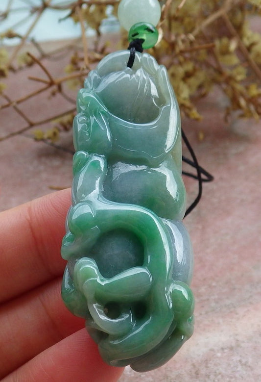 Certified Green Burma 100% Natural A Jade jadeite Pendant Dragon Ruyi Coin Necklace 生意兴隆 631478 TN