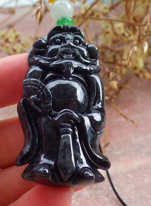Certified Black Burma 100% Natural A Jade jadeite pendant Zhong Kui God Sword Fan Necklace 钟馗 631507 TN