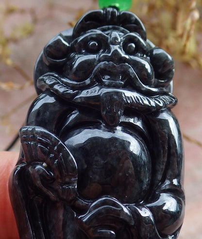 Certified Black Burma 100% Natural A Jade jadeite pendant Zhong Kui God Sword Fan Necklace 钟馗 631507 TN
