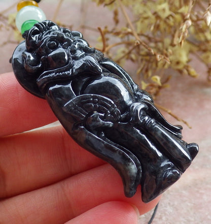 Certified Black Burma 100% Natural A Jade jadeite pendant Zhong Kui God Sword Fan Necklace 钟馗 631507 TN