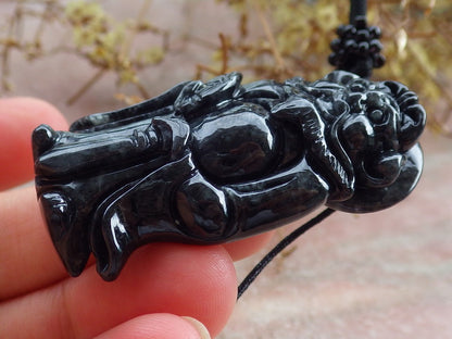 Certified Black Burma 100% Natural A Jade jadeite pendant Zhong Kui God Sword Fan Necklace 钟馗 631507 TN