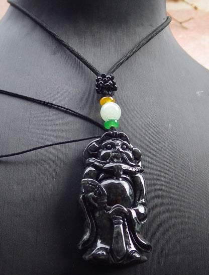 Certified Black Burma 100% Natural A Jade jadeite pendant Zhong Kui God Sword Fan Necklace 钟馗 631507 TN