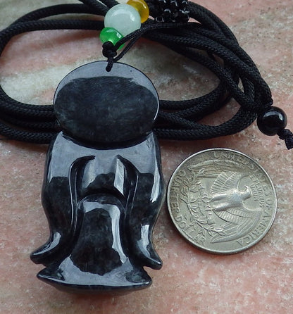 Certified Black Burma 100% Natural A Jade jadeite pendant Zhong Kui God Sword Fan Necklace 钟馗 631507 TN