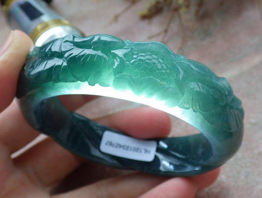 Certified Icy Green Burma 100% Natural A JADE Jadeite Flower Knotted Bangle Bracelet 54 mm 手镯 631565 TN