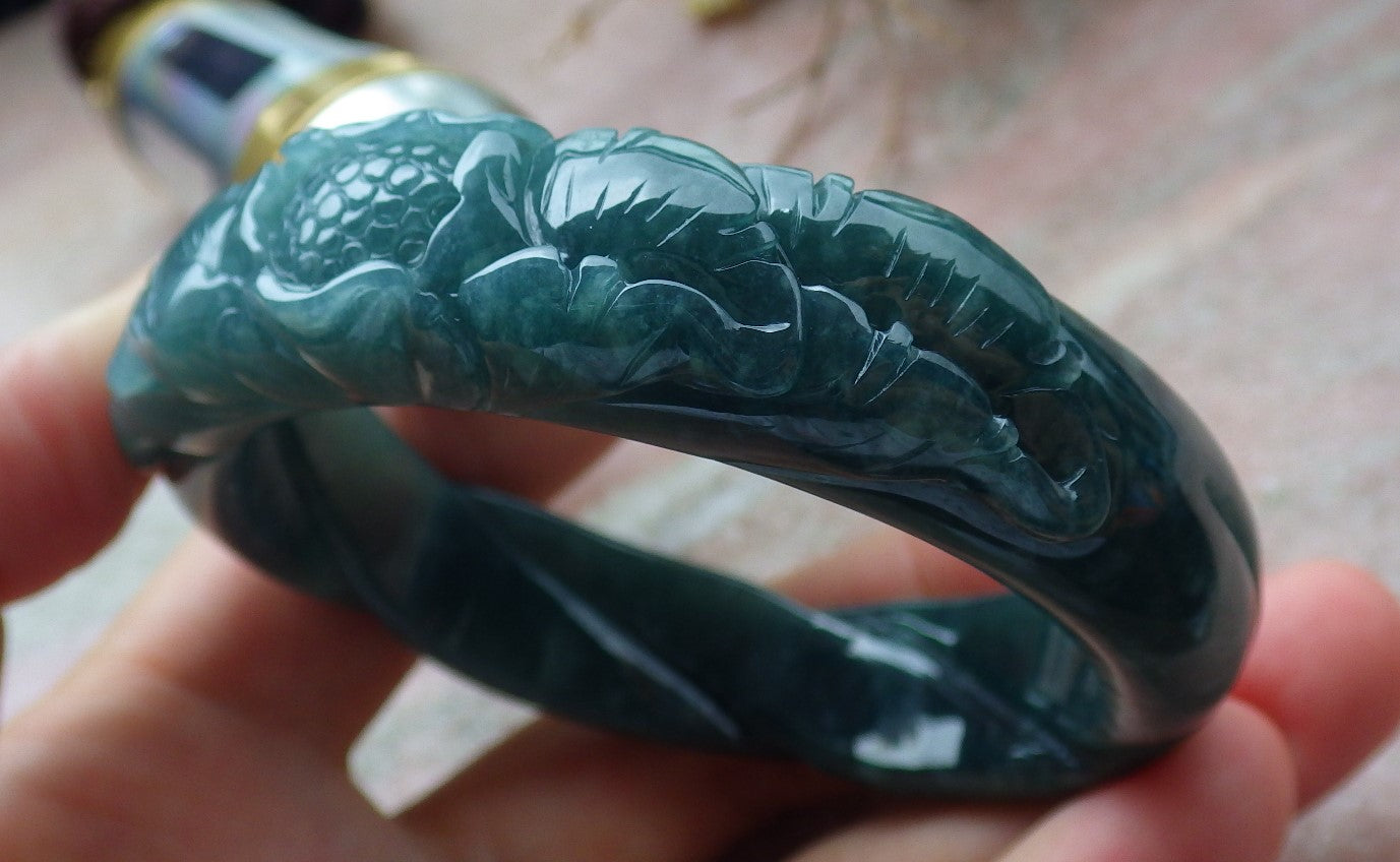 Certified Icy Green Burma 100% Natural A JADE Jadeite Flower Knotted Bangle Bracelet 54 mm 手镯 631565 TN