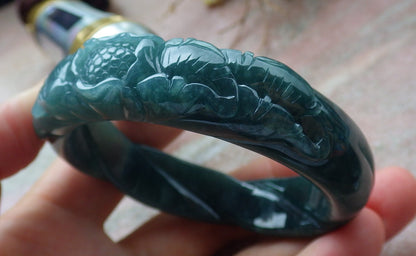Certified Icy Green Burma 100% Natural A JADE Jadeite Flower Knotted Bangle Bracelet 54 mm 手镯 631565 TN