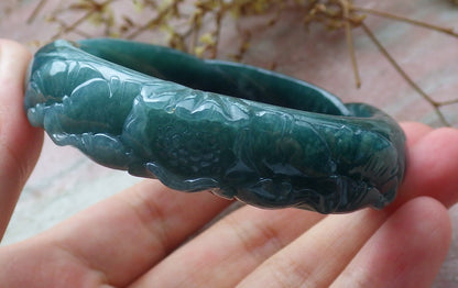 Certified Icy Green Burma 100% Natural A JADE Jadeite Flower Knotted Bangle Bracelet 54 mm 手镯 631565 TN