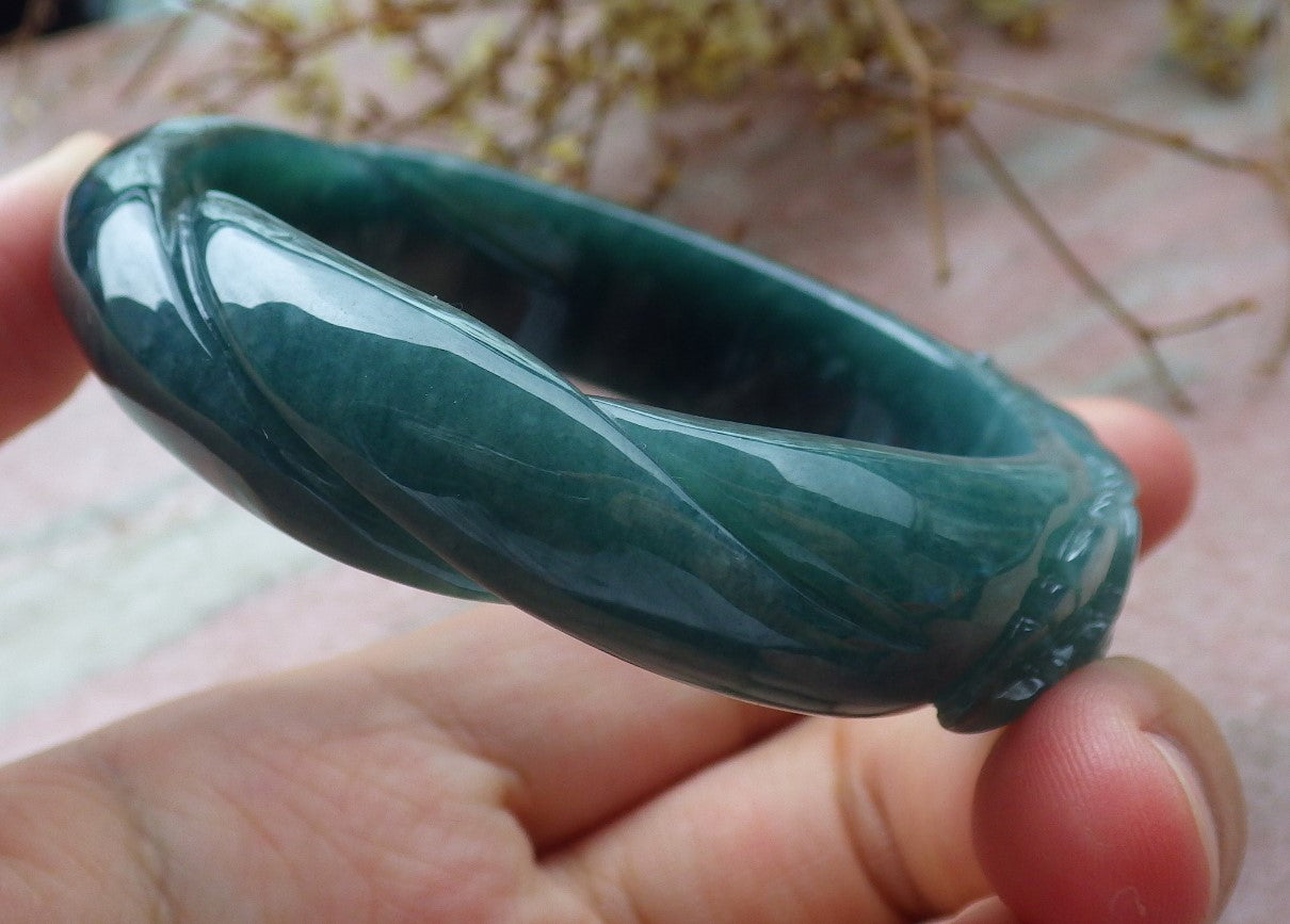Certified Icy Green Burma 100% Natural A JADE Jadeite Flower Knotted Bangle Bracelet 54 mm 手镯 631565 TN