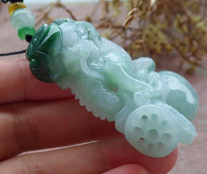 Certified Green Burma 100% Natural A Jade jadeite Pendant Dragon Ruyi Coin Necklace 生意兴隆 631583 TN