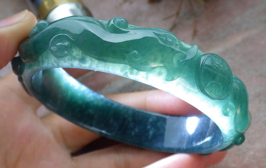 Certified Icy Green Burma 100% Natural A JADE Jadeite Dragon Phoenix Longevity Bangle Bracelet 62 mm 手镯 631591 TN