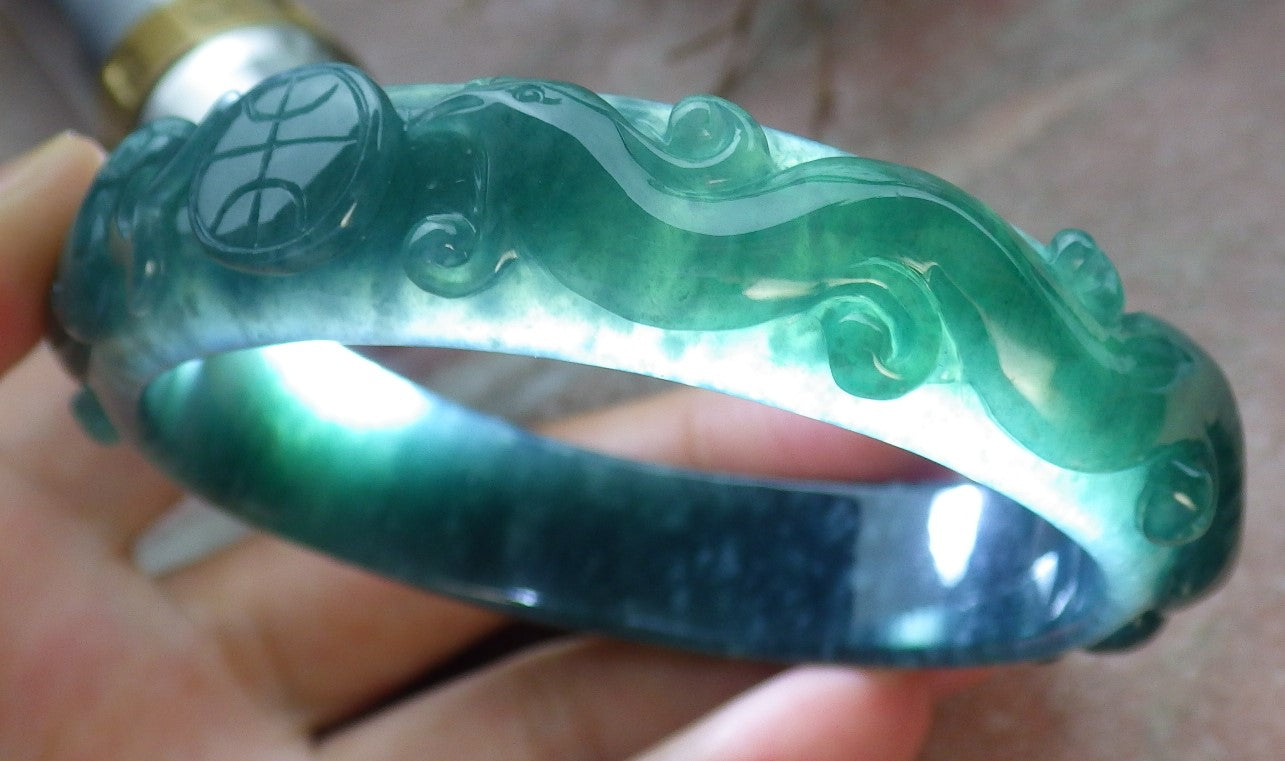 Certified Icy Green Burma 100% Natural A JADE Jadeite Dragon Phoenix Longevity Bangle Bracelet 62 mm 手镯 631591 TN