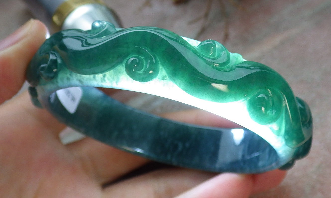 Certified Icy Green Burma 100% Natural A JADE Jadeite Dragon Phoenix Longevity Bangle Bracelet 62 mm 手镯 631591 TN