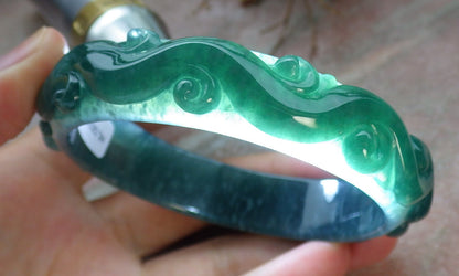 Certified Icy Green Burma 100% Natural A JADE Jadeite Dragon Phoenix Longevity Bangle Bracelet 62 mm 手镯 631591 TN