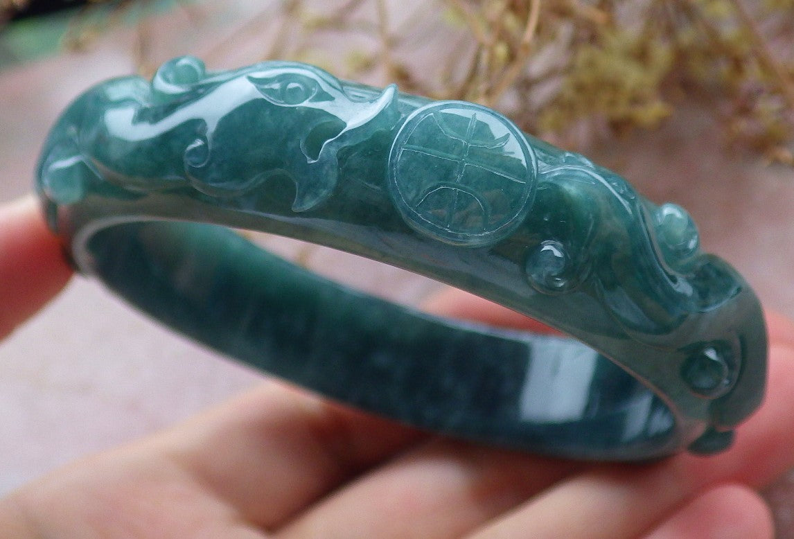 Certified Icy Green Burma 100% Natural A JADE Jadeite Dragon Phoenix Longevity Bangle Bracelet 62 mm 手镯 631591 TN
